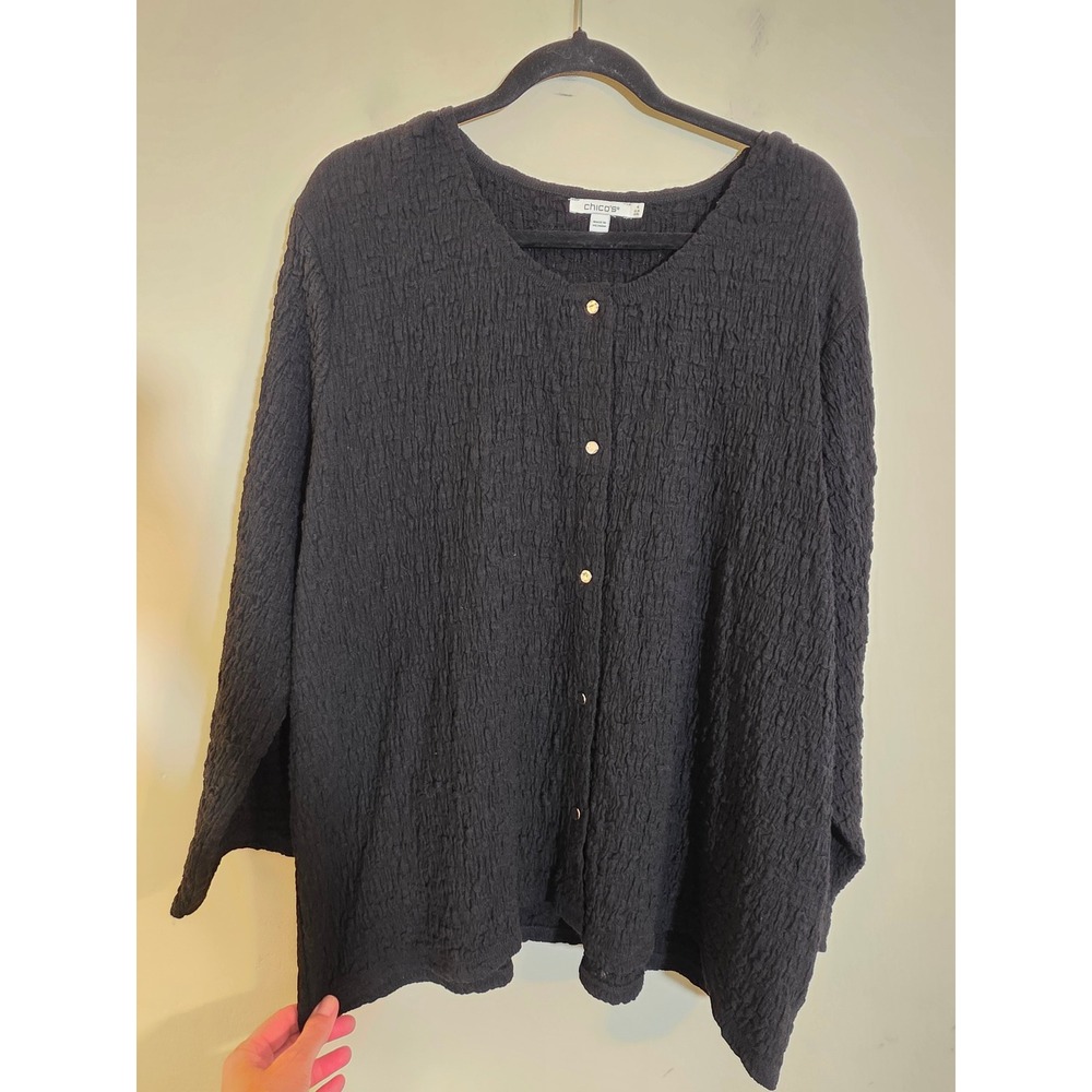 Chicos Black Textured Crinkle Button Front Cardigan Top Size 4 XXL 570394061